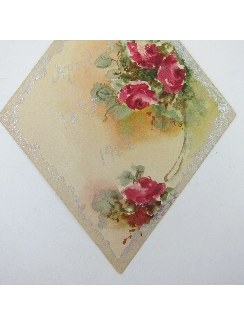 Victorian Card Watercolor Red Roses Flowers Green Leaves Silver Trim Antique